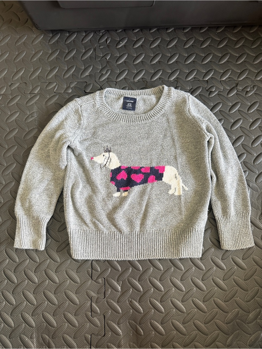 GAP Grey Crewneck Sweater with Pink Dachshund Motif
